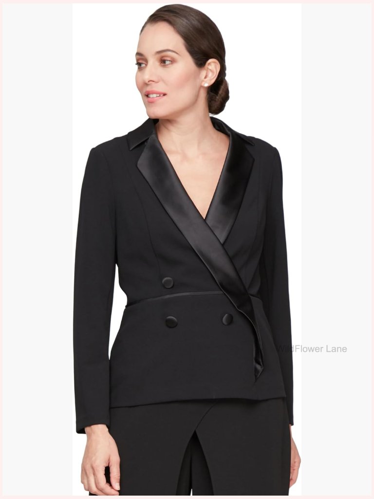 3/4 Sleeve Tuxedo Blouse With Tie Waist, V-Neck, Formal Top